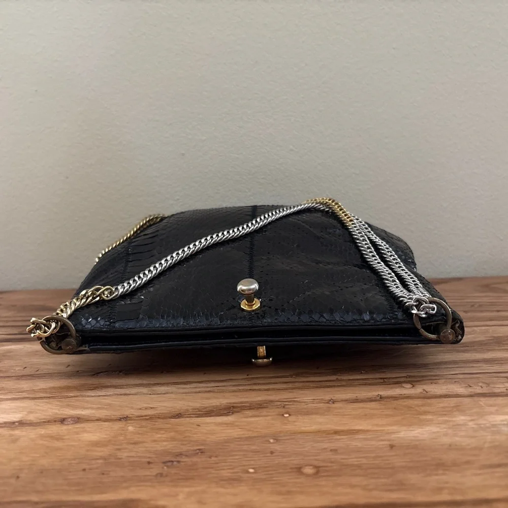 Ruth Saltz Black Snakeskin Shoulder Bag Adjustable Strap Purse Vintage Retro 80s